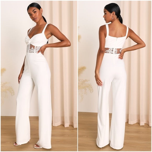 NWT LULUS Sweetheart Neck Sheer Floral Embroidered Bustier Wide Leg Jumpsuit M - Picture 2 of 5